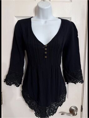 Venus Black Lace Trim V-Neck Babydoll Top S